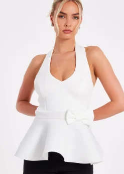 Tops>Quiz Cream Halter Neck Peplum Top