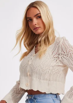 Tops>Quiz Cream Knit Cropped Cardigan