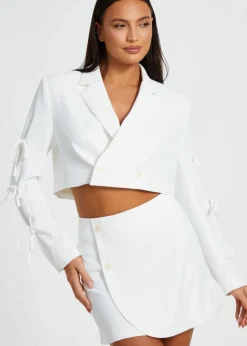 Co-Ord Sets>Quiz Cream Tie Sleeve Cropped Blazer