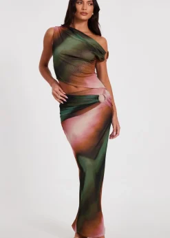 Tops>Quiz Green Mesh One Shoulder Crop Top