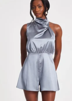 Jumpsuits & Playsuits>Quiz Grey Satin Asymmetric Playsuit