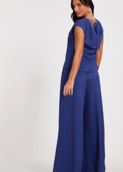 Tops>Quiz Indigo Crinkle Satin Cowl Back Top