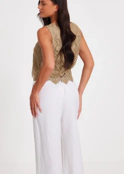 Tops>Quiz Khaki Crochet Waistcoat