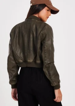 Coats & Jackets>Quiz Khaki Faux Leather Bomber Jacket