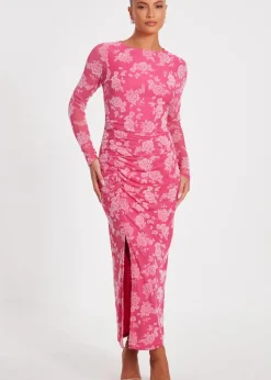 Dresses>Quiz Magenta Mesh Floral Midaxi Dress