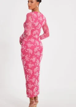 Dresses>Quiz Magenta Mesh Floral Midaxi Dress