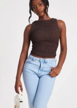 Tops>Quiz Mocha Textured Mesh Top