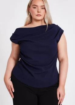 T-Shirts>Quiz Navy Curve Drape Neck Top