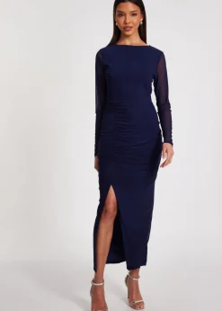 Dresses>Quiz Navy Mesh Ruched Midaxi Dress