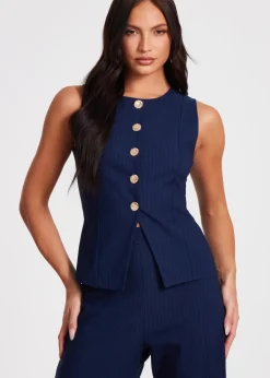 Coats & Jackets>Quiz Navy Pinstripe Button Front Waistcoat