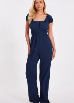 Jumpsuits & Playsuits>Quiz Navy Textured Puff Sleeve Jumpsuit