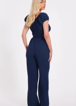 Jumpsuits & Playsuits>Quiz Navy Textured Puff Sleeve Jumpsuit