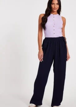 Trousers>Quiz Navy Tie Waist Palazzo Trousers