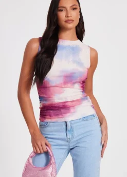Tops>Quiz Pink Diamante Marble Print Top