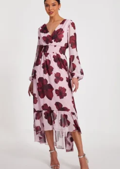 Dresses>Quiz Pink Floral Dip Hem Midi Dress