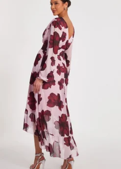 Dresses>Quiz Pink Floral Dip Hem Midi Dress