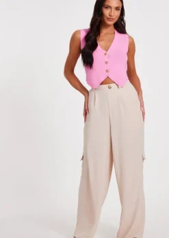 Coats & Jackets>Quiz Pink Knitted Button Front Waistcoat