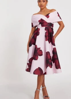 Dresses>Quiz Pink Petite Bardot Floral Skater Dress