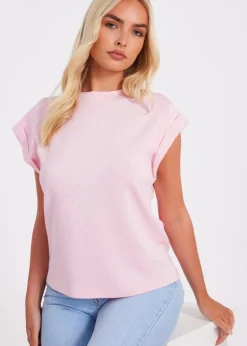 T-Shirts>Quiz Pink Stud Detail Top