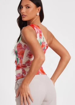 Tops>Quiz Red Printed Mesh Ruffle Top