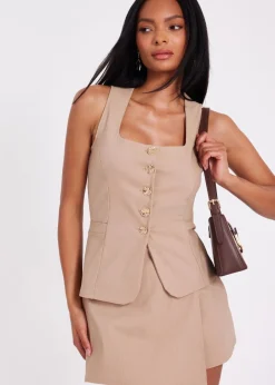 Tops>Quiz Stone Pinstripe Button Front Waistcoat