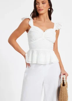 Tops>Quiz White Embroidered Peplum Top