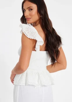 Tops>Quiz White Embroidered Peplum Top