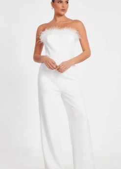 Jumpsuits & Playsuits>Quiz White Feather Trim Jumpsuit