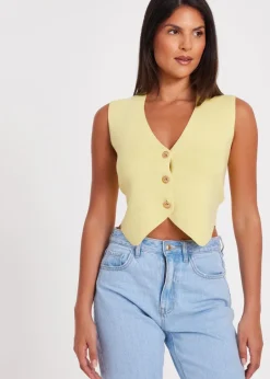 Tops>Quiz Yellow Knitted Button Front Waistcoat