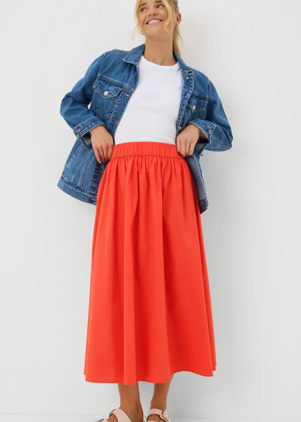 Skirts>Papaya Red Midi Poplin Skirt