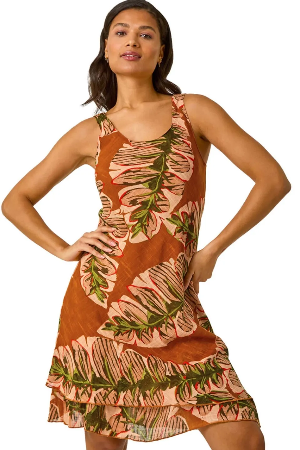 Dresses>Roman Amber Leaf Print Double Layer Dress