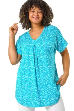 Tops>Roman Aqua Curve Pleat Front Printed Stretch Top