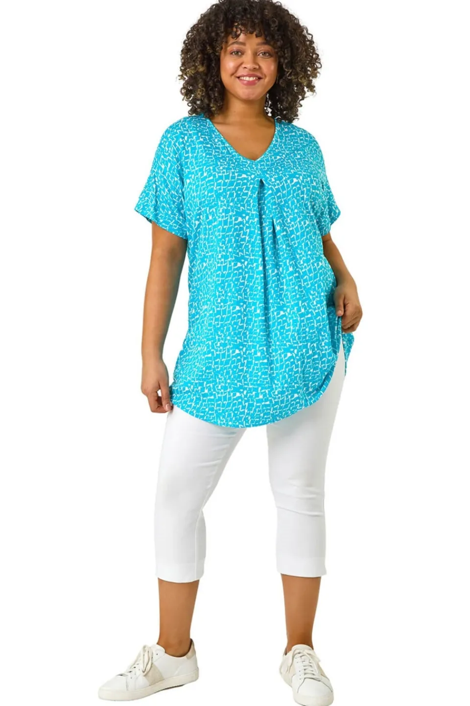 Tops>Roman Aqua Curve Pleat Front Printed Stretch Top