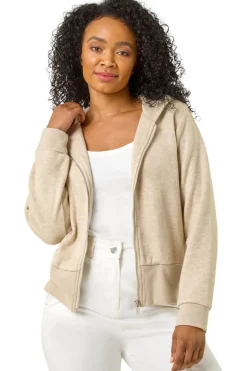 Coats & Jackets>Roman Beige Petite Zip Up Knit Hooded Jacket