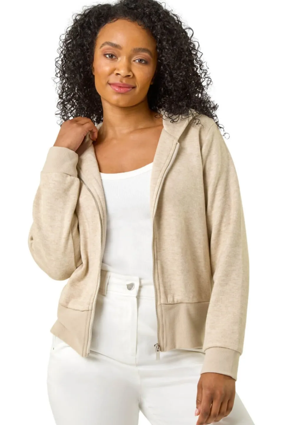 Coats & Jackets>Roman Beige Petite Zip Up Knit Hooded Jacket