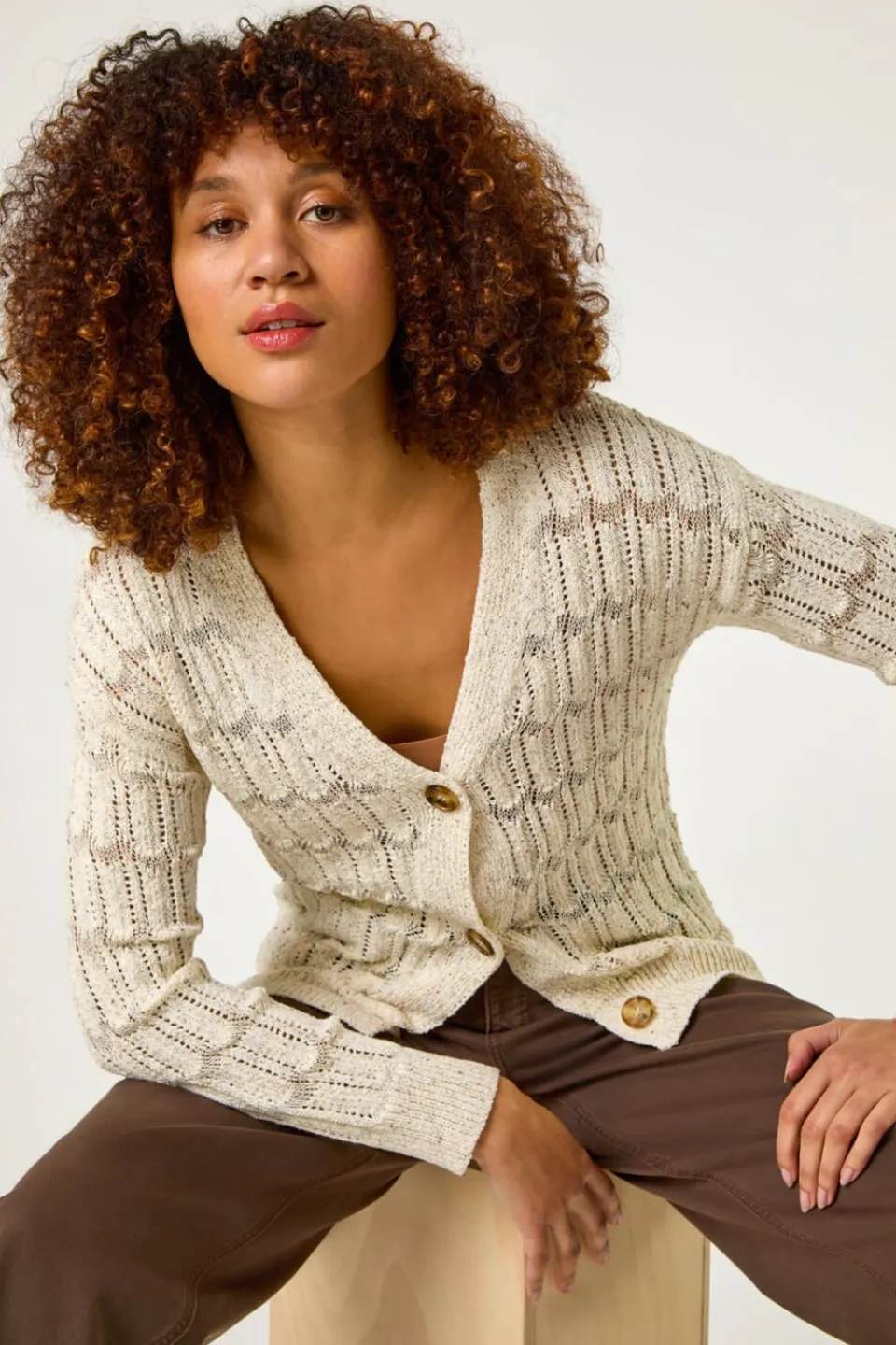 Knitwear>Roman Beige Stitch Detail Button Through Knit Cardigan