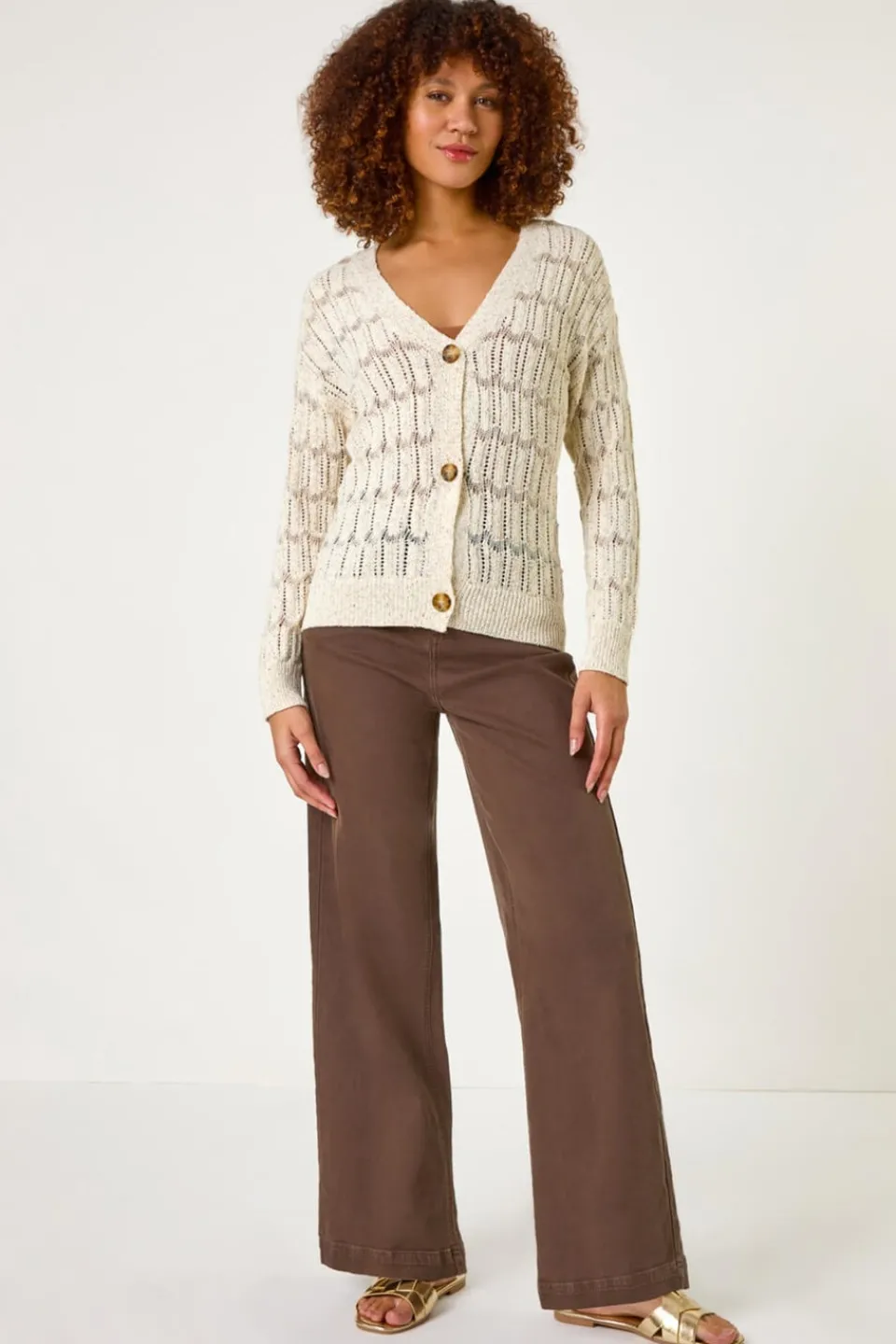 Knitwear>Roman Beige Stitch Detail Button Through Knit Cardigan