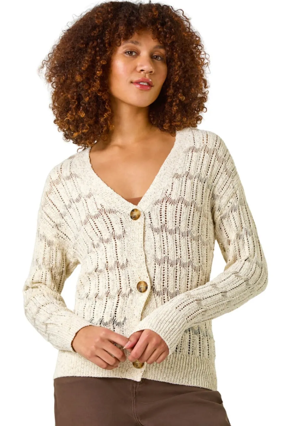 Knitwear>Roman Beige Stitch Detail Button Through Knit Cardigan