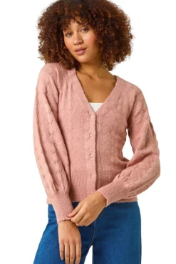 Tops>Roman Biscuit Pointelle Detail Knit Cardigan Pink