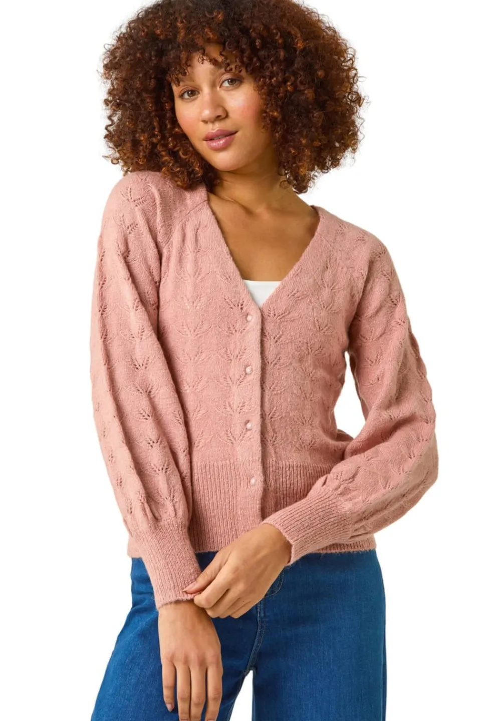 Tops>Roman Biscuit Pointelle Detail Knit Cardigan Pink