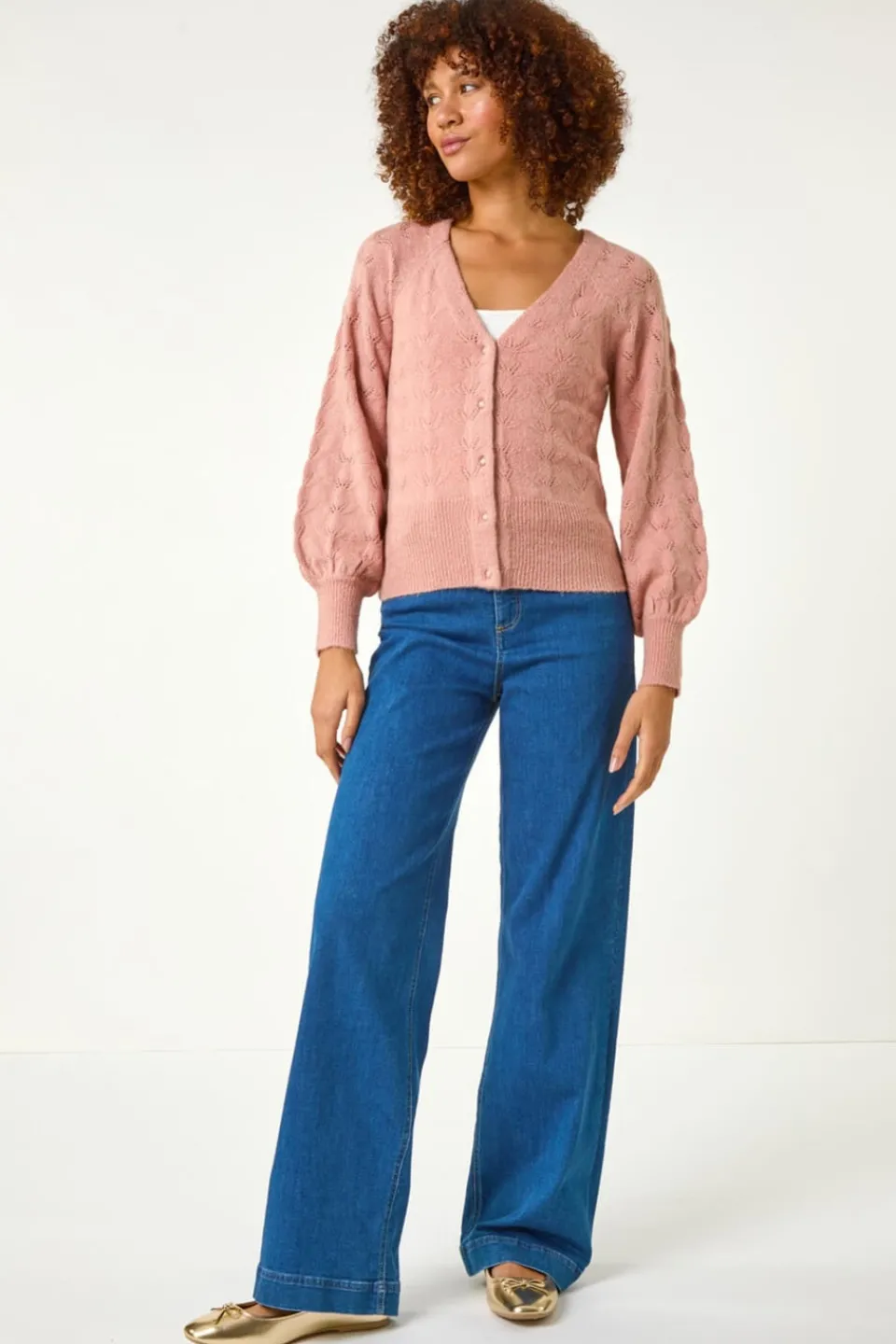 Tops>Roman Biscuit Pointelle Detail Knit Cardigan Pink