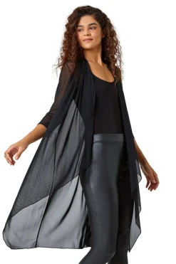 Blouses & Shirts>Roman 3/4 Sleeve Mesh Longline Kimono Black
