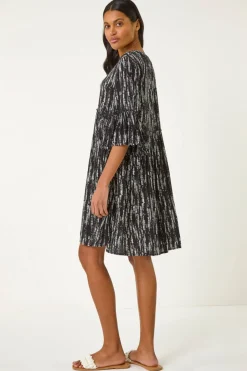 Dresses>Roman Black Abstract Crinkle Smock Dress