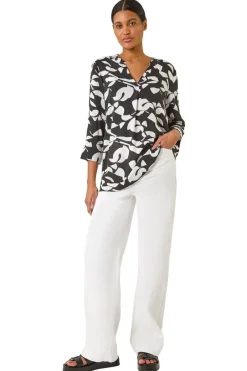 Tops>Roman Black Abstract Mono Pleat Detail Top