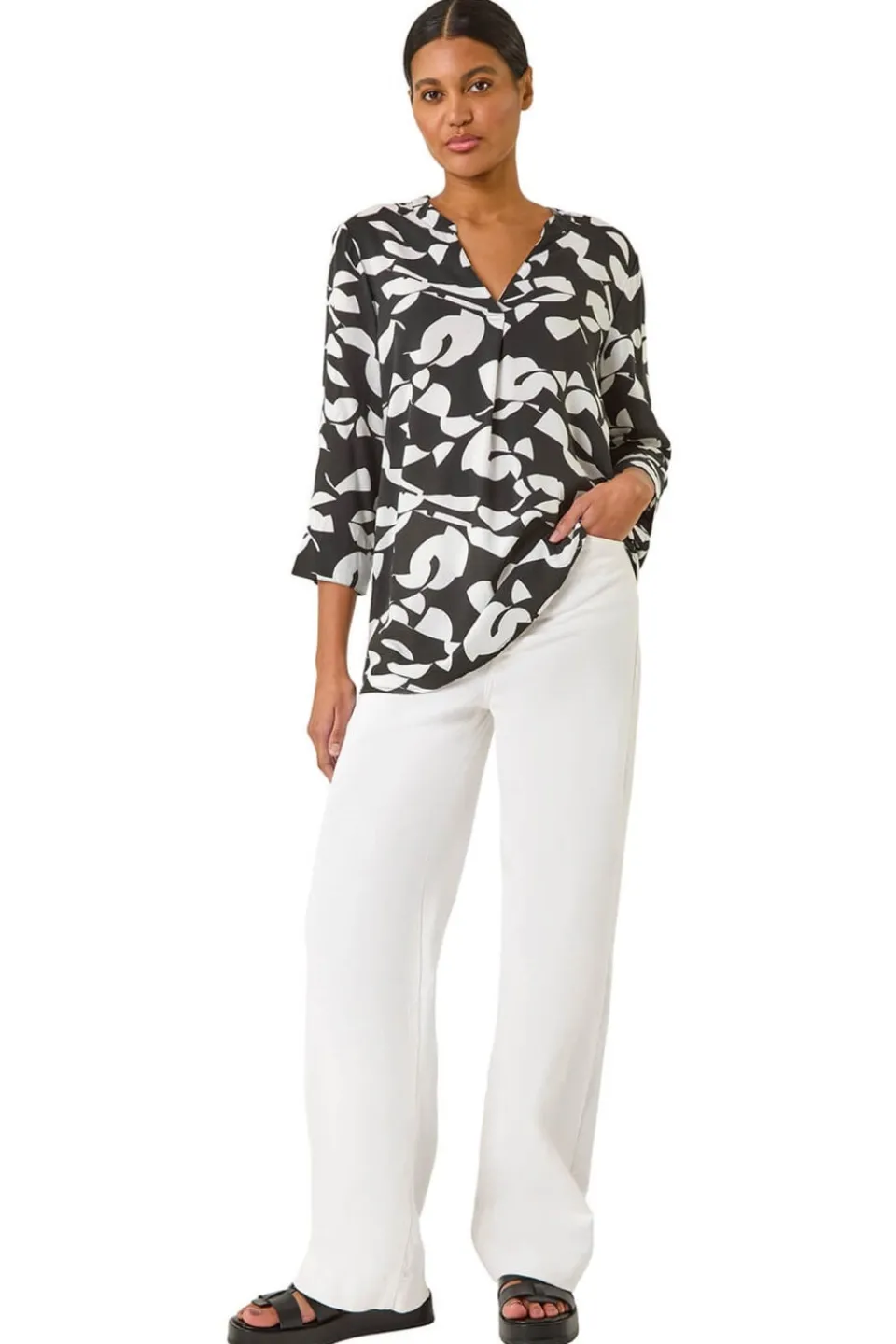 Tops>Roman Black Abstract Mono Pleat Detail Top