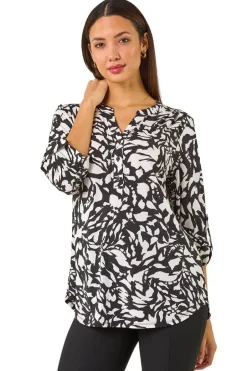 Tops>Roman Black Abstract Mono Print Pleated Shirt