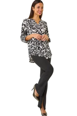 Tops>Roman Black Abstract Mono Print Pleated Shirt