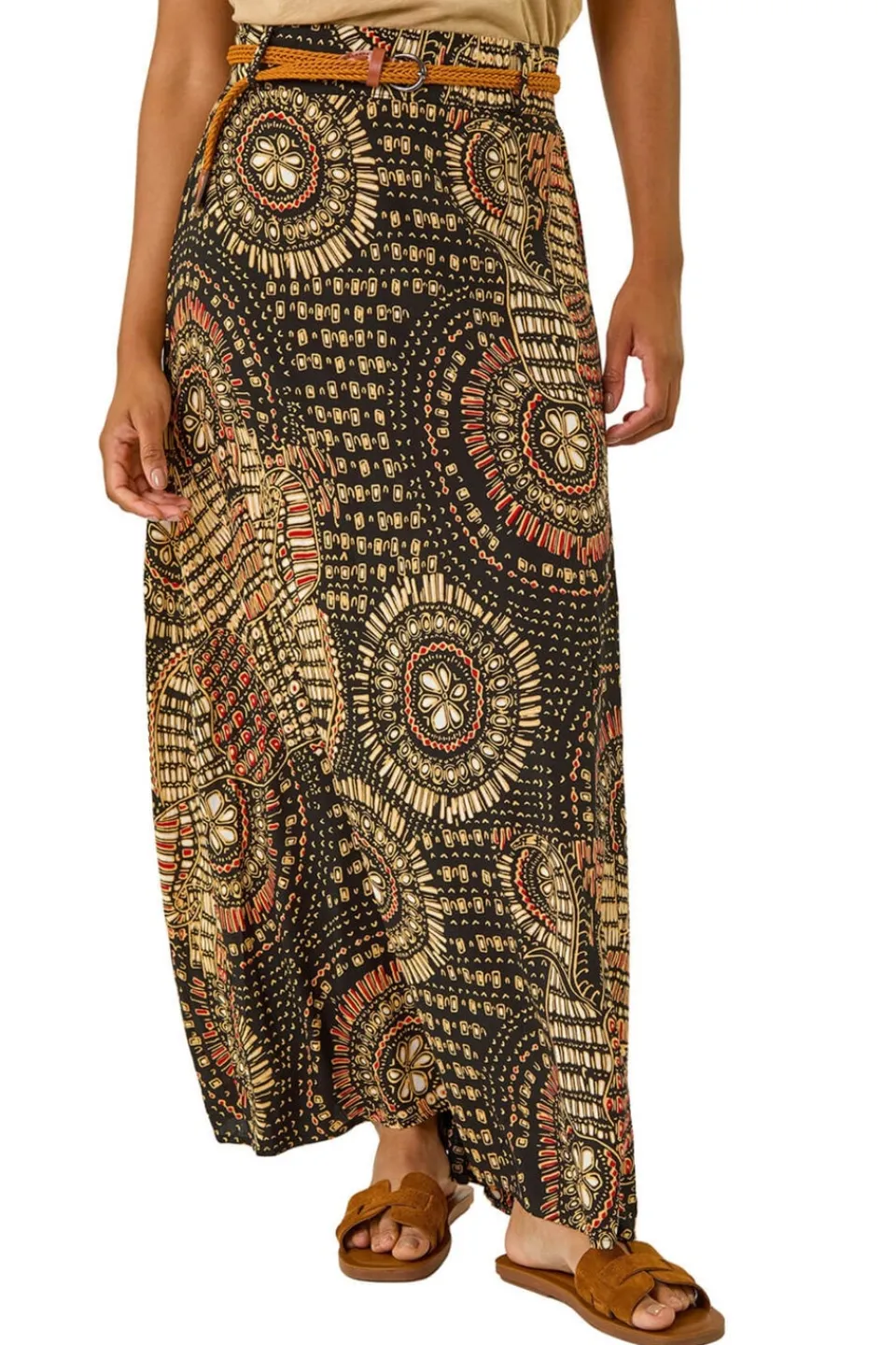 Skirts>Roman Black Abstract Print Belted A-Line Skirt