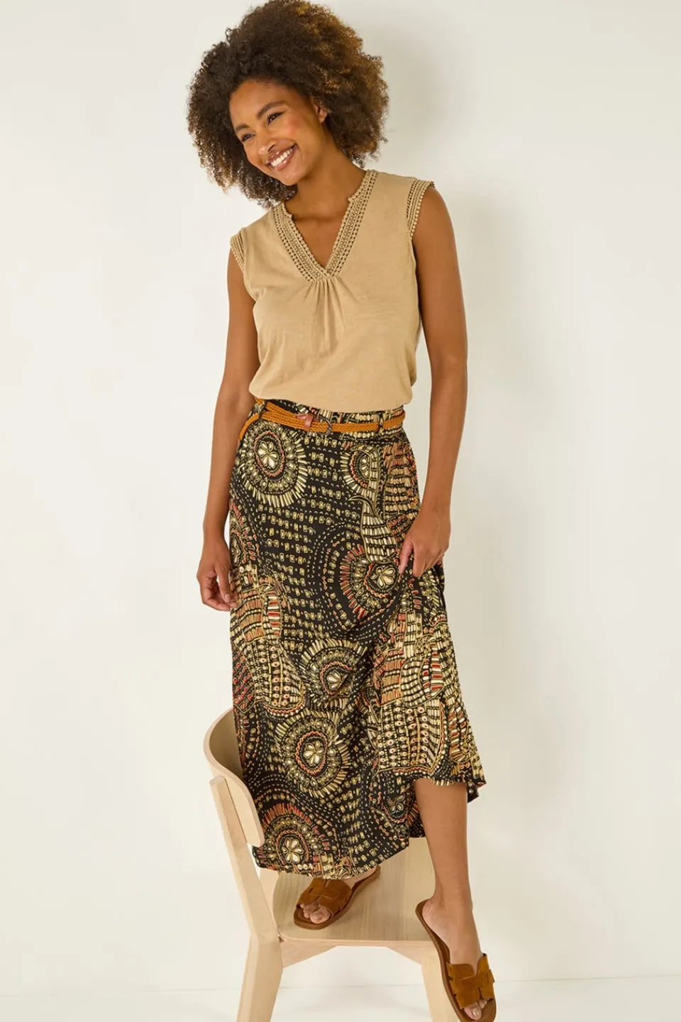 Skirts>Roman Black Abstract Print Belted A-Line Skirt