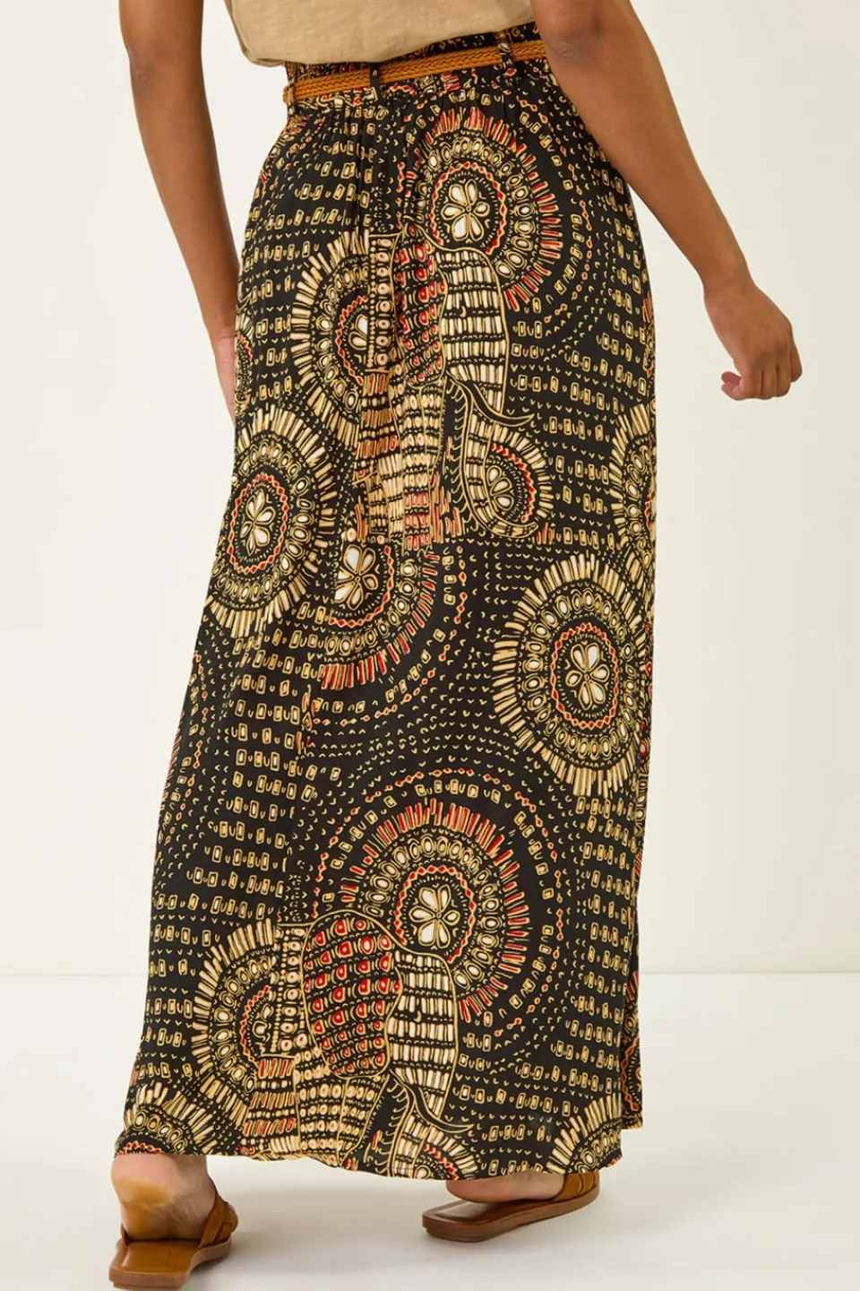 Skirts>Roman Black Abstract Print Belted A-Line Skirt